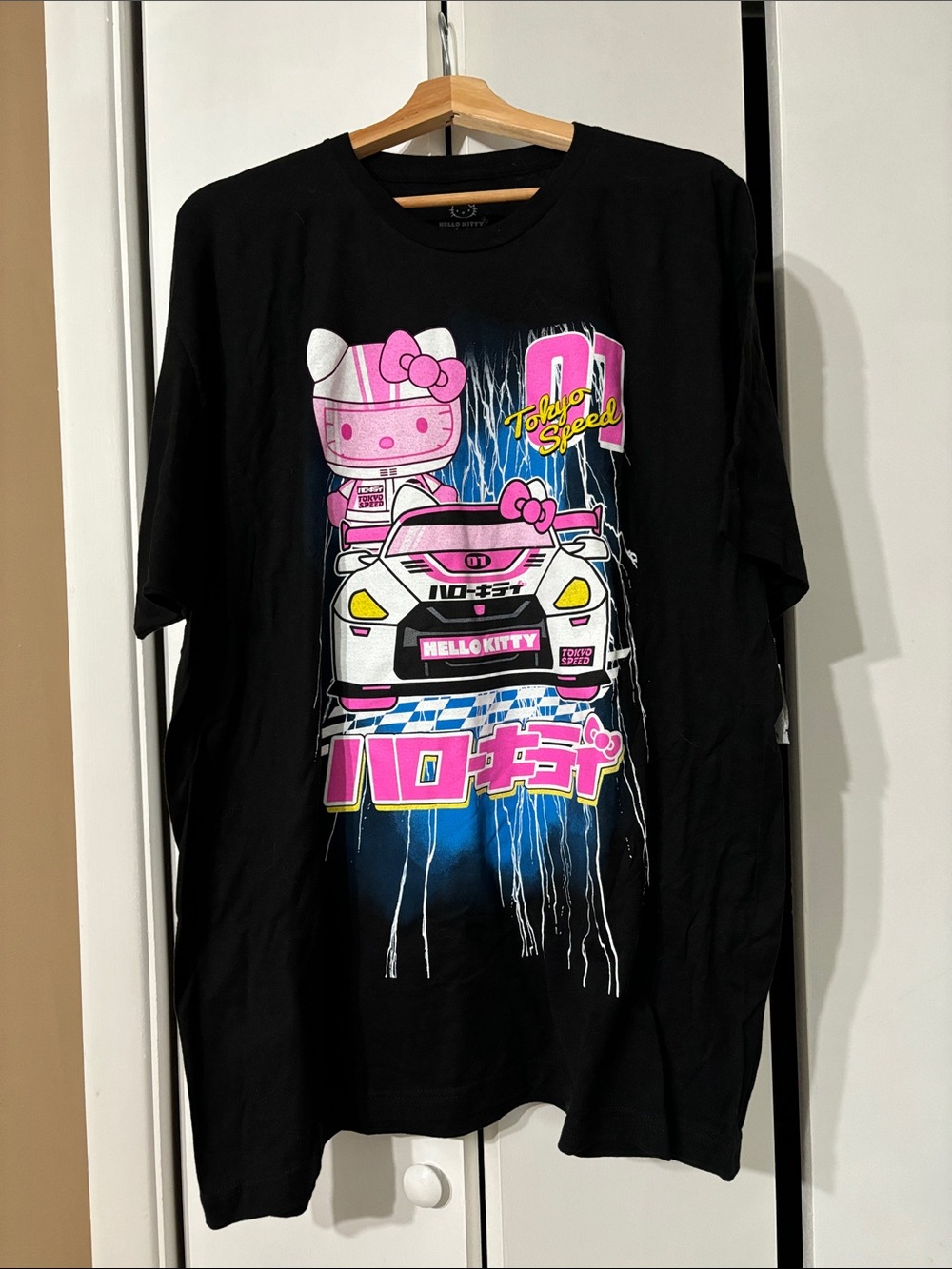 NWT Hello Kitty Black Long Sleeve Racing Graphic Tee with Pink Accents